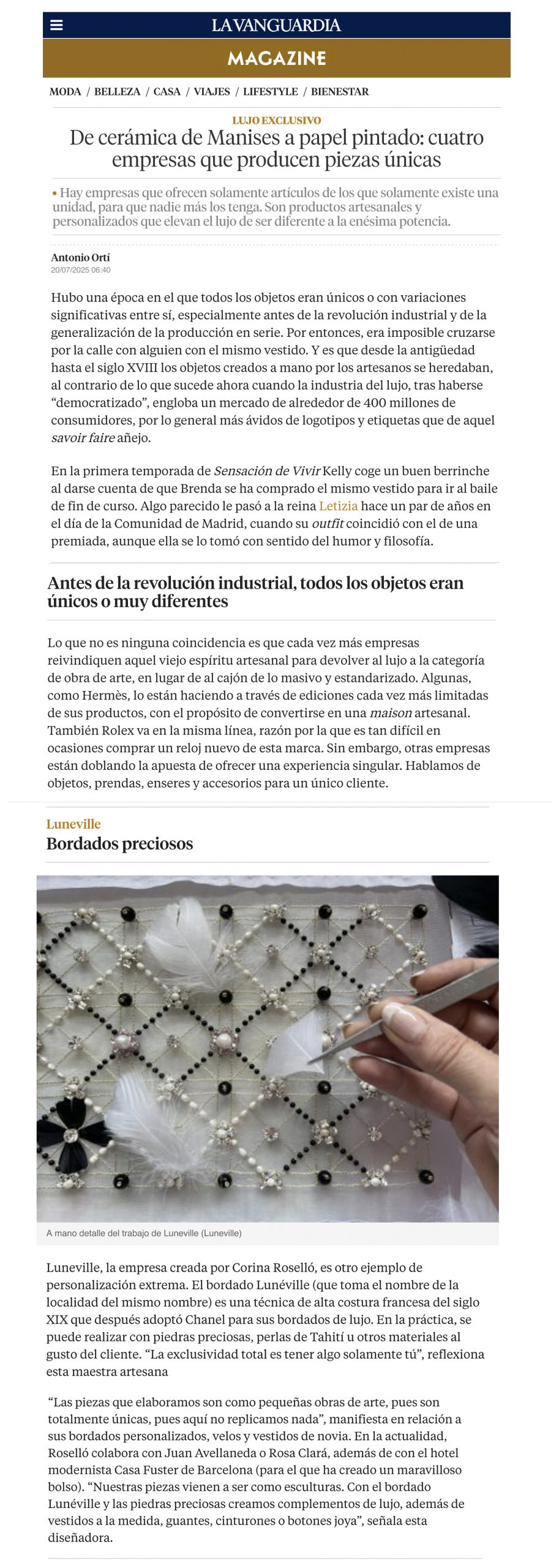 CORINA ROSELLÓ EN EL MAGAZINE DE LA VANGUARDIA LUJO EXCLUSIVO. CORINA HAUTE COUTURE EMBROIDERY.Corina Haute Couture Embroidery Nominada a Premios Academia de la Moda Española 2025 Alta Artesanía Española. Bordado Luneville Legado cultural